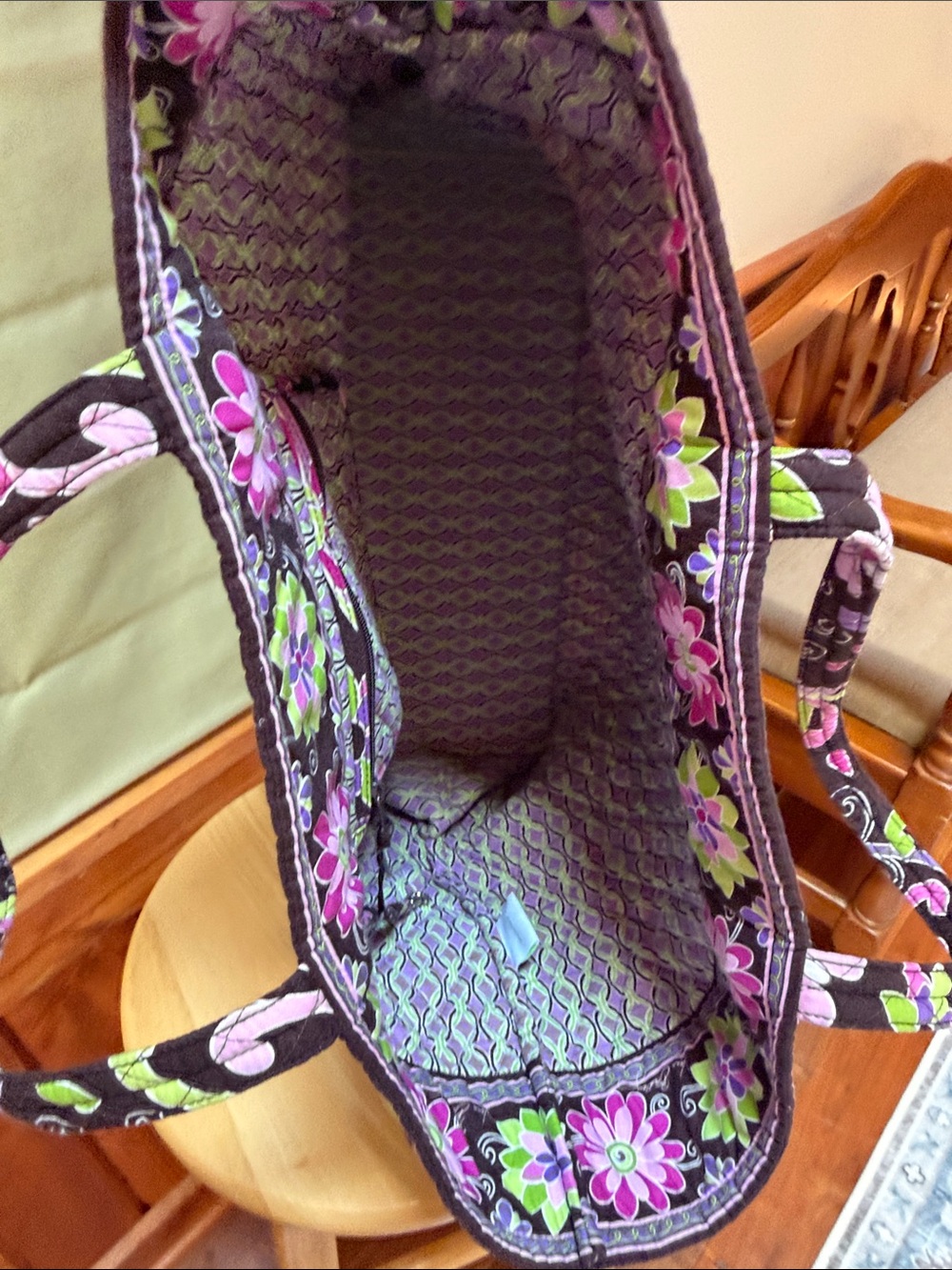 Vera Bradley Black Quilted Tote with Pink & Green Floral Pattern - Picture 10 of 13